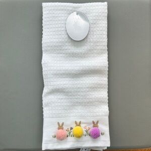 NWT - Casaba White Kitchen Towel Set Pastel Pom-Pom Bunny Accents Rainbow Stripe